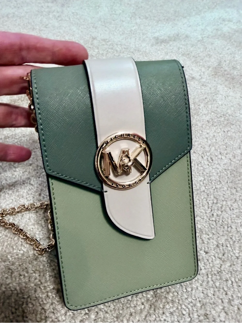 Michael Kors Green & Cream Saffiano Crossbody Phone Bag with Gold MK Logo